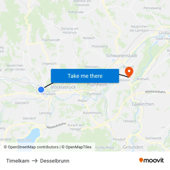 Timelkam to Desselbrunn map
