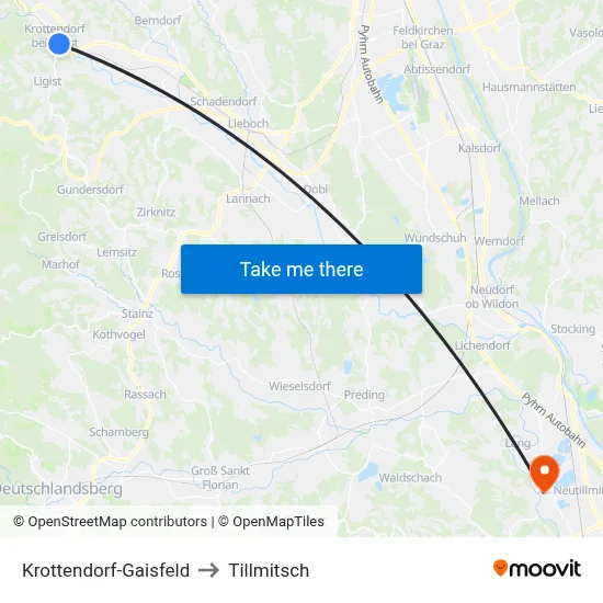 Krottendorf-Gaisfeld to Tillmitsch map