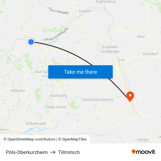 Pöls-Oberkurzheim to Tillmitsch map