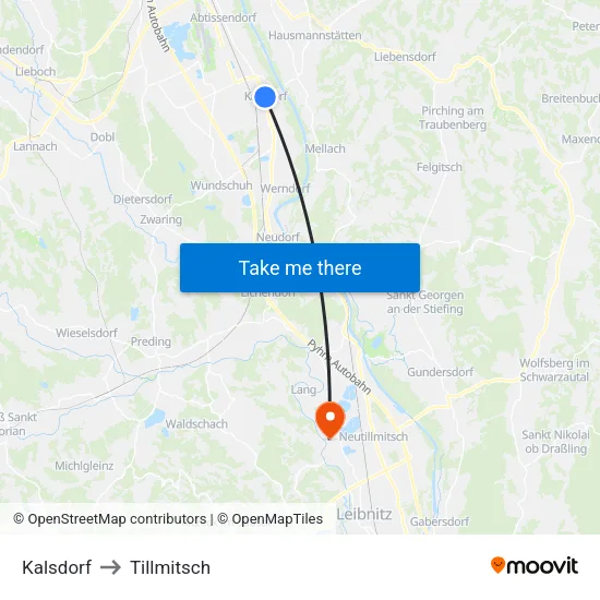 Kalsdorf to Tillmitsch map