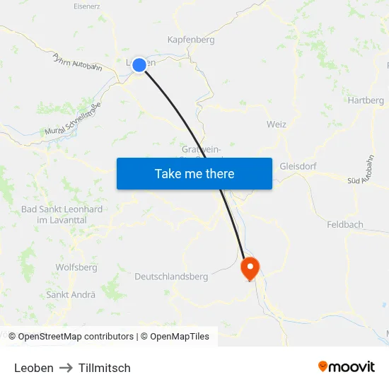 Leoben to Tillmitsch map
