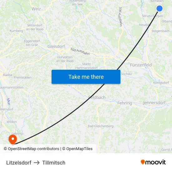 Litzelsdorf to Tillmitsch map