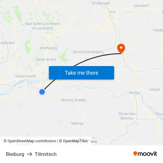 Bleiburg to Tillmitsch map