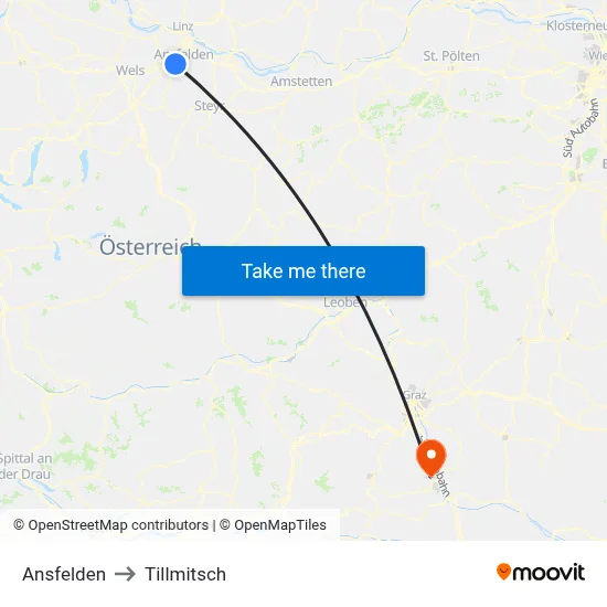 Ansfelden to Tillmitsch map