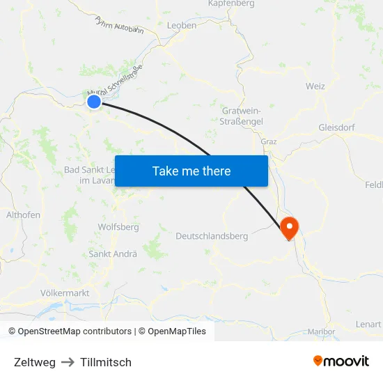 Zeltweg to Tillmitsch map