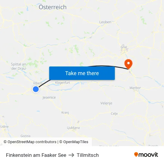 Finkenstein am Faaker See to Tillmitsch map