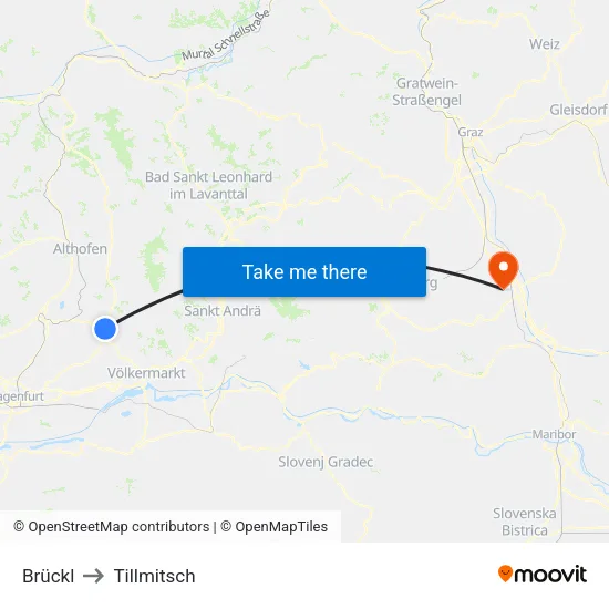 Brückl to Tillmitsch map