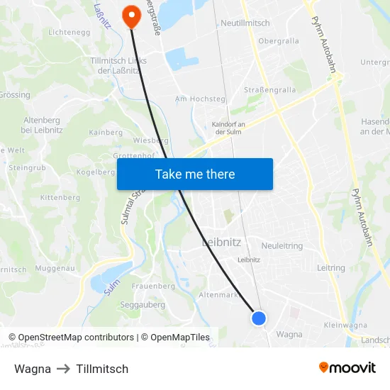 Wagna to Tillmitsch map