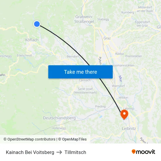 Kainach Bei Voitsberg to Tillmitsch map