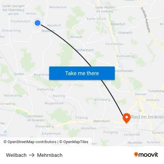 Weilbach to Mehrnbach map