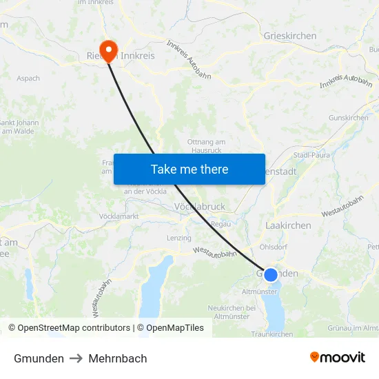 Gmunden to Mehrnbach map