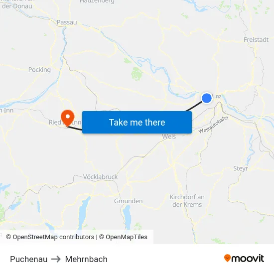Puchenau to Mehrnbach map