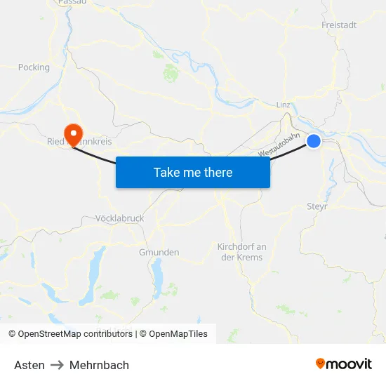 Asten to Mehrnbach map