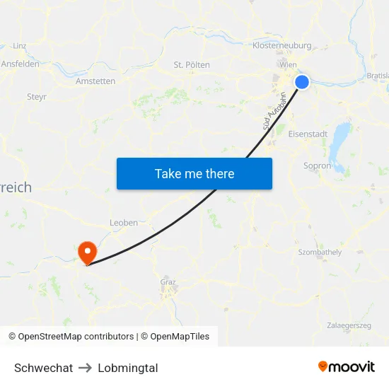 Schwechat to Lobmingtal map