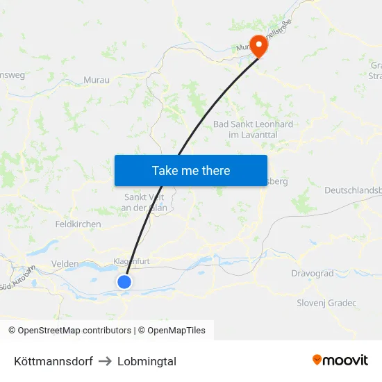 Köttmannsdorf to Lobmingtal map
