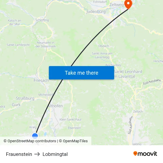 Frauenstein to Lobmingtal map
