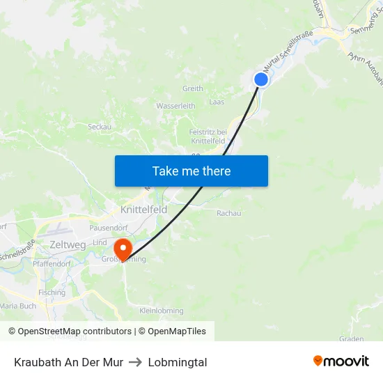 Kraubath An Der Mur to Lobmingtal map