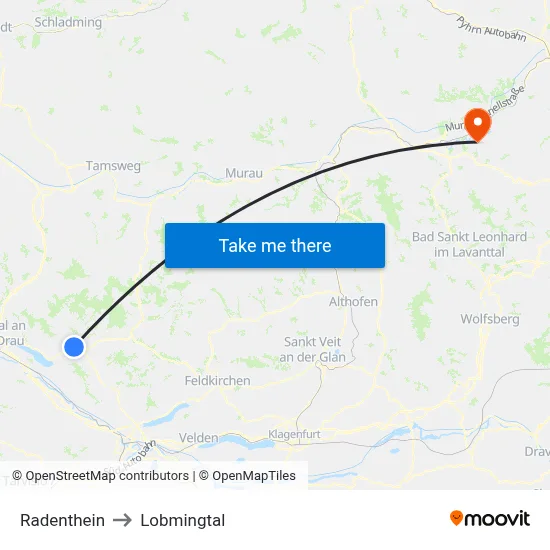 Radenthein to Lobmingtal map