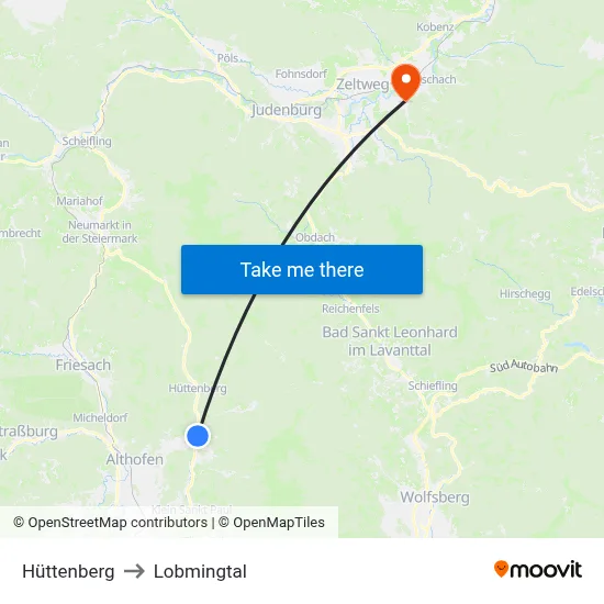 Hüttenberg to Lobmingtal map