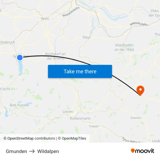 Gmunden to Wildalpen map