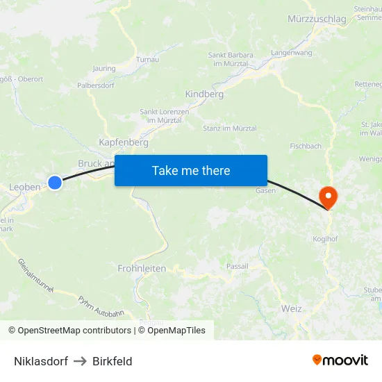 Niklasdorf to Birkfeld map