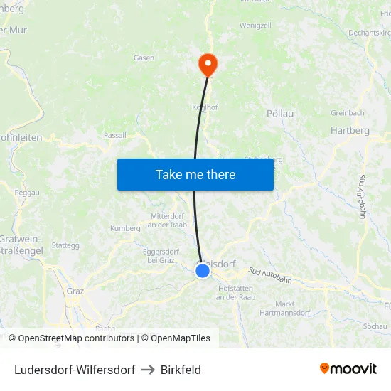 Ludersdorf-Wilfersdorf to Birkfeld map