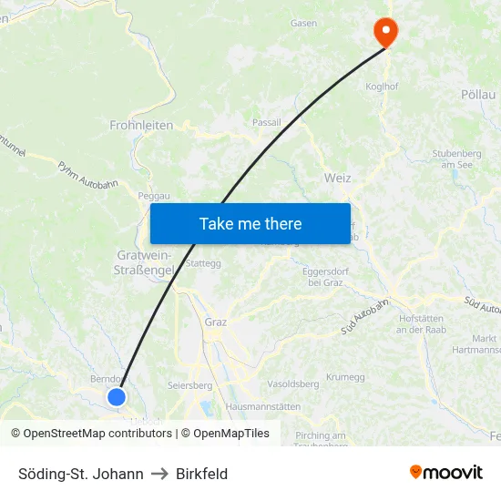 Söding-St. Johann to Birkfeld map