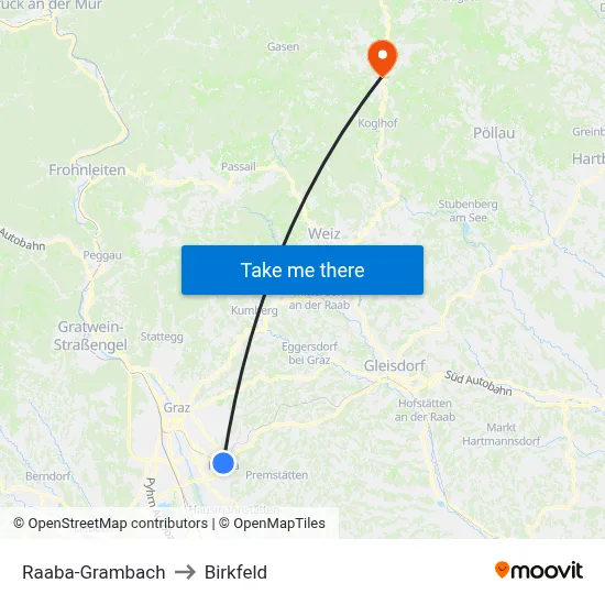 Raaba-Grambach to Birkfeld map