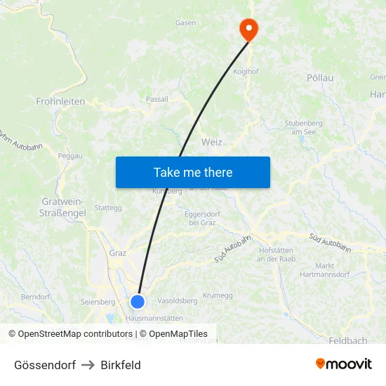 Gössendorf to Birkfeld map