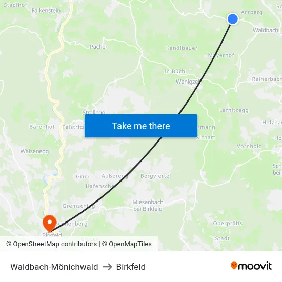 Waldbach-Mönichwald to Birkfeld map