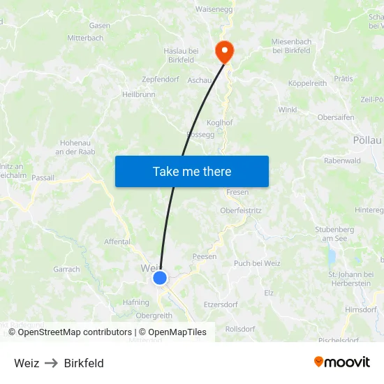 Weiz to Birkfeld map