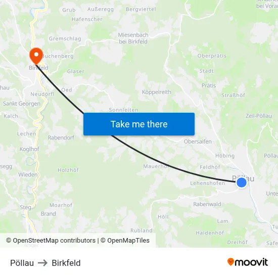 Pöllau to Birkfeld map