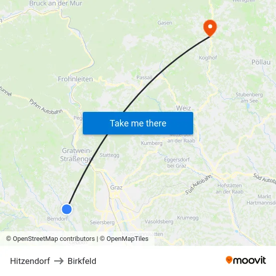 Hitzendorf to Birkfeld map
