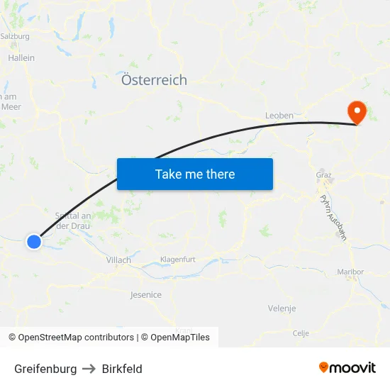 Greifenburg to Birkfeld map