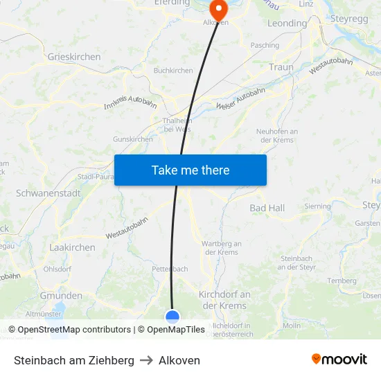 Steinbach am Ziehberg to Alkoven map