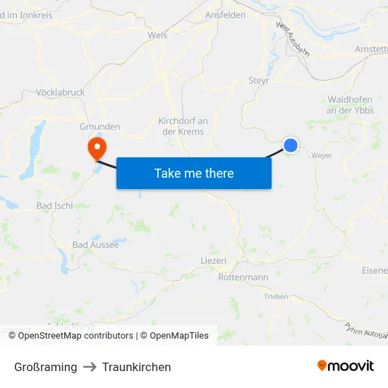 Großraming to Traunkirchen map