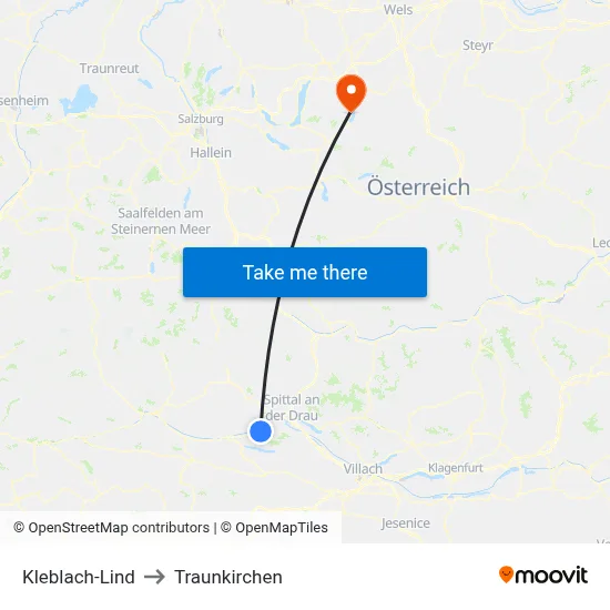 Kleblach-Lind to Traunkirchen map