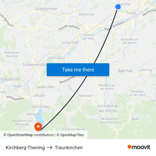 Kirchberg-Thening to Traunkirchen map