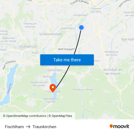 Fischlham to Traunkirchen map