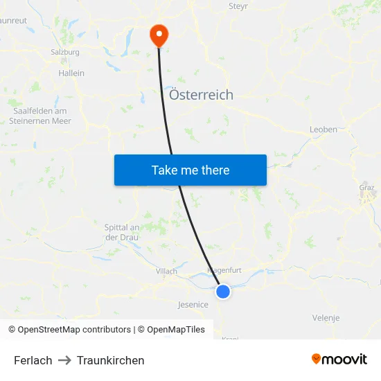 Ferlach to Traunkirchen map