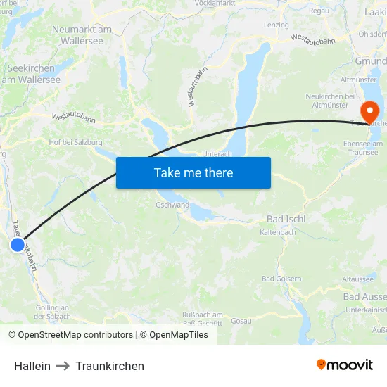 Hallein to Traunkirchen map