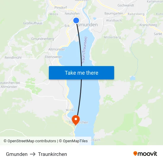 Gmunden to Traunkirchen map