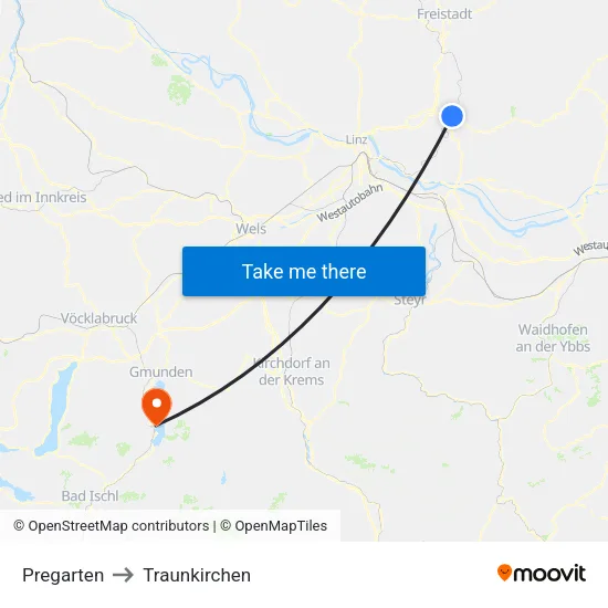 Pregarten to Traunkirchen map