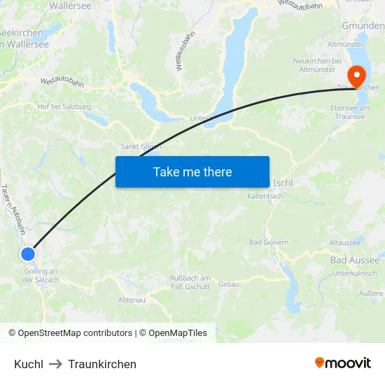 Kuchl to Traunkirchen map