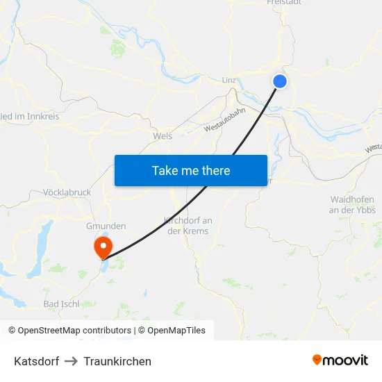 Katsdorf to Traunkirchen map