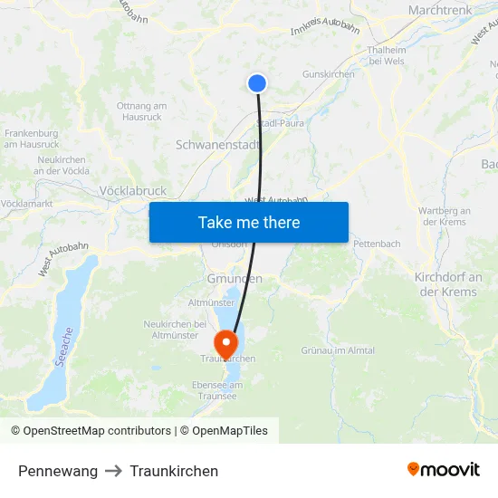 Pennewang to Traunkirchen map