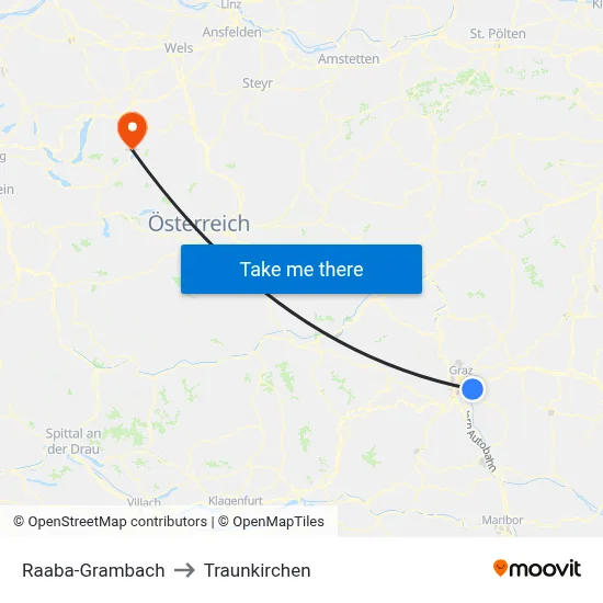 Raaba-Grambach to Traunkirchen map