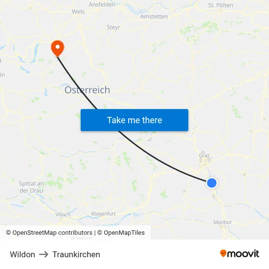 Wildon to Traunkirchen map