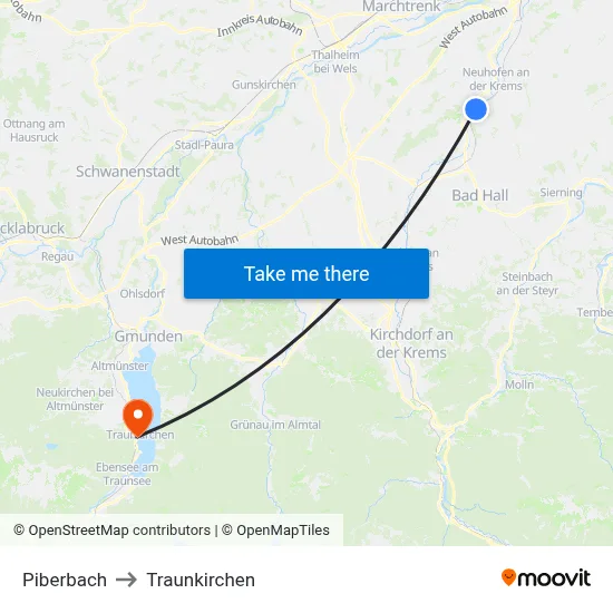 Piberbach to Traunkirchen map