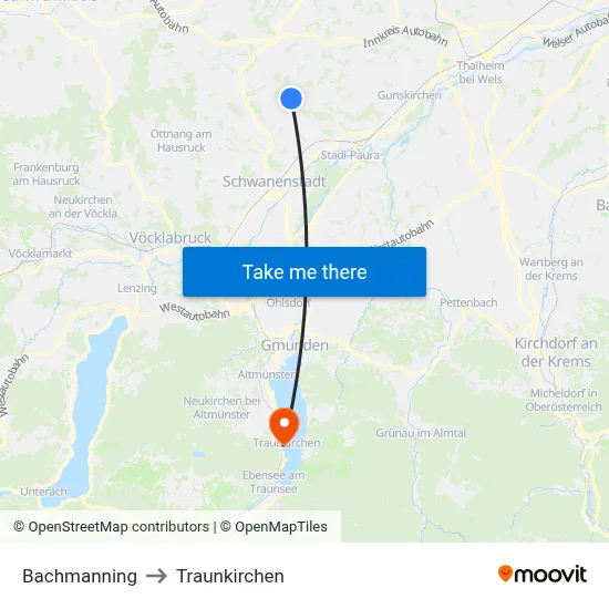 Bachmanning to Traunkirchen map